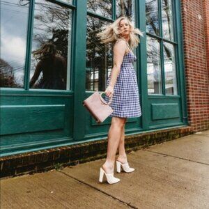 BeBop | Navy Blue Gingham Tie Front Fit & Flare Dress | Size Large